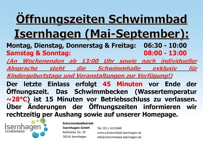 Neue Öffnungszeiten ab Mai 26&nbsp;&copy;&nbsp;Schwimmbad Isernhagen
